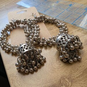 Hoop Beaded Jhumka Silver Hook Clasp Indian Earrings (007)